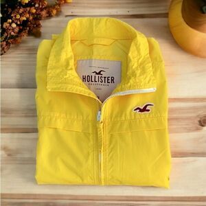 HOLLISTER MENS XL YELLOW WIND BREAKER RAIN COAT JACKET ZIP UP WATER RESISTANT